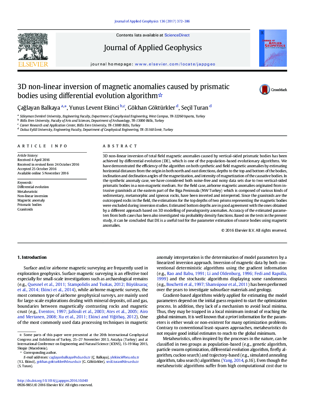 3D non-linear inversion of magnetic anomalies caused by prismatic bodies using differential evolution algorithm