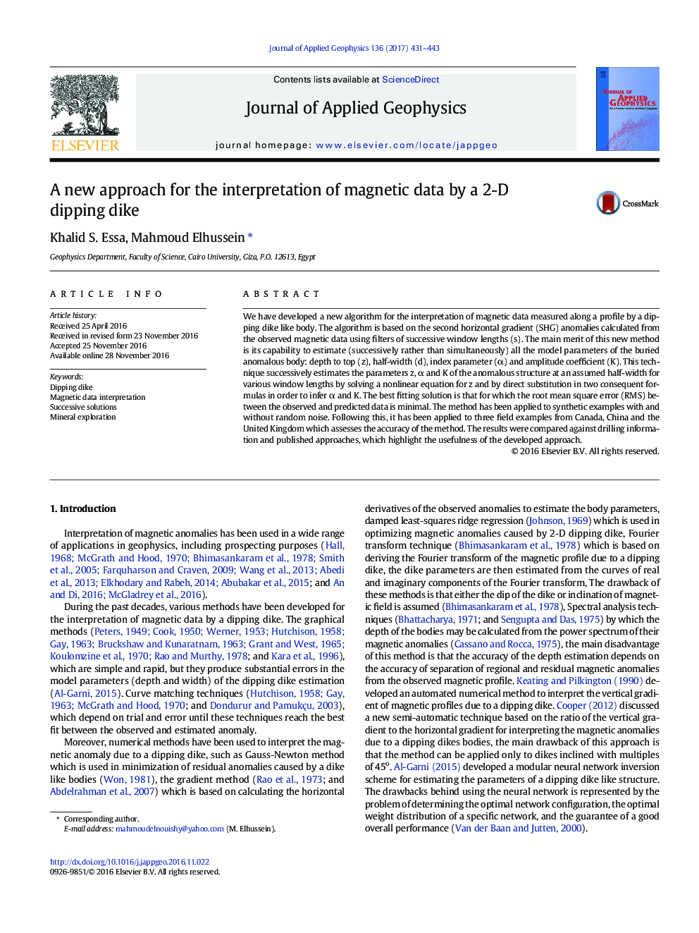 A new approach for the interpretation of magnetic data by a 2-D dipping dike