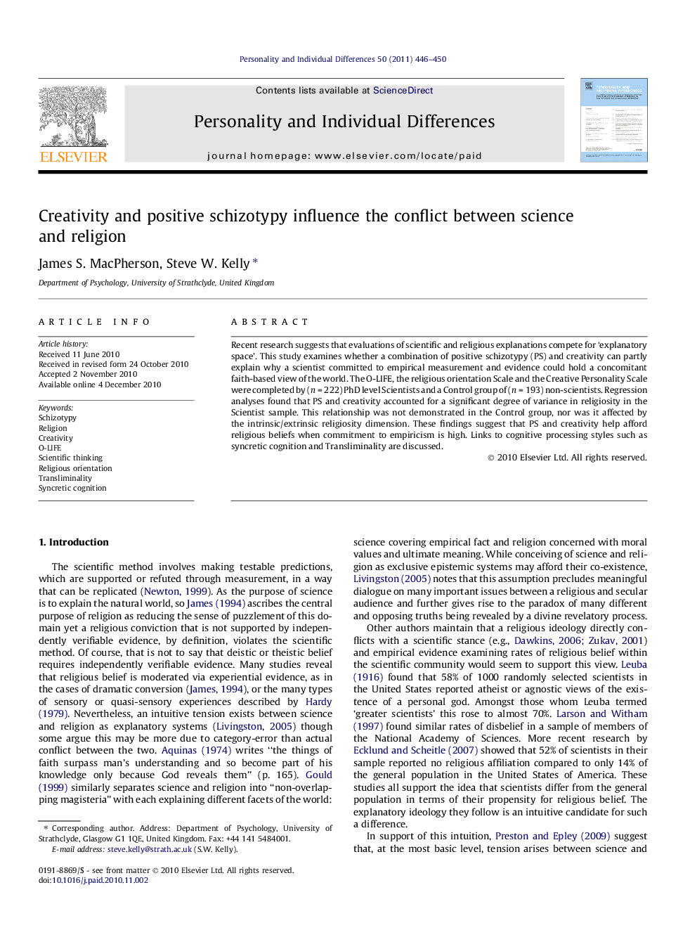 Creativity and positive schizotypy influence the conflict between science and religion