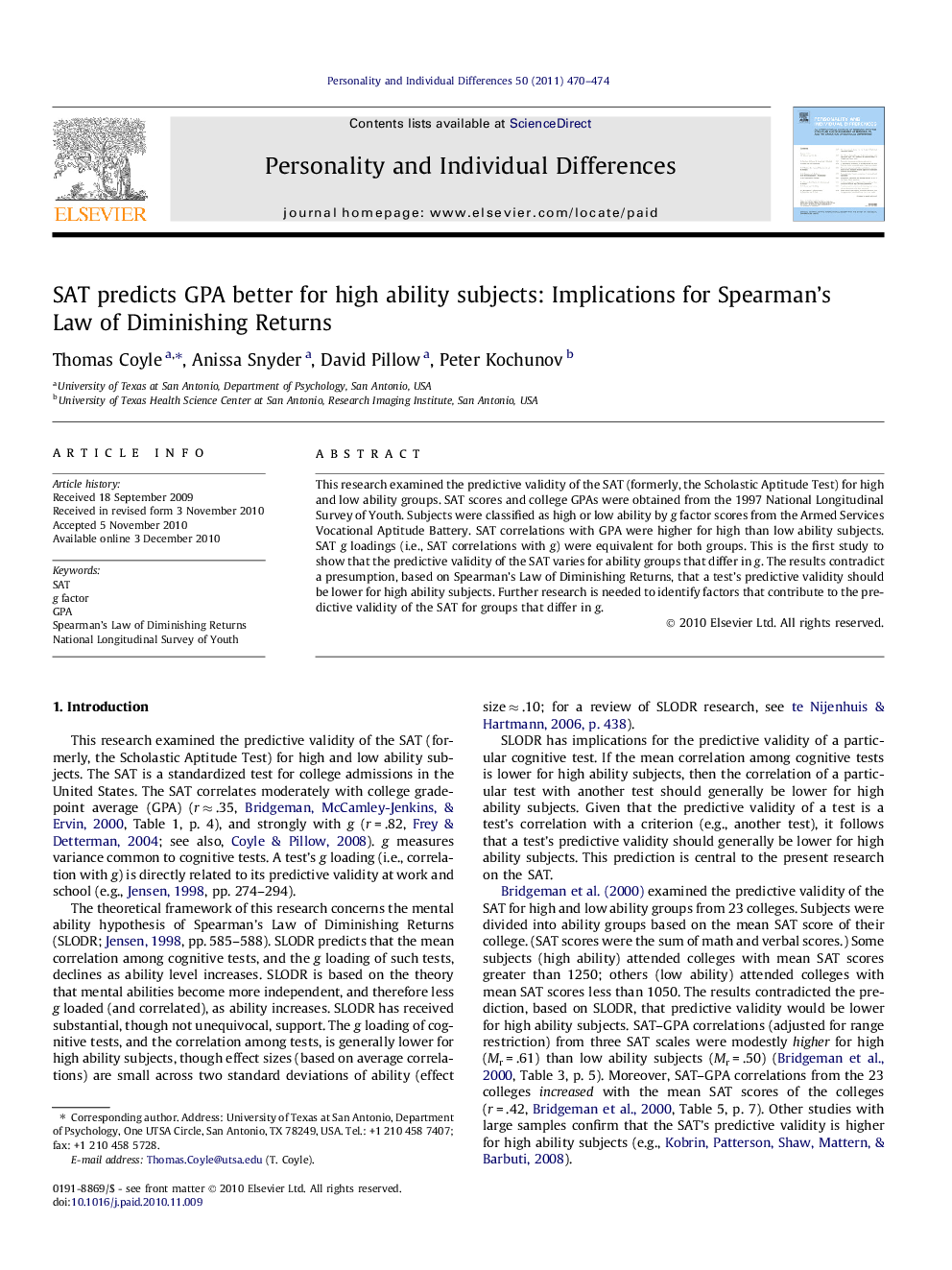 SAT predicts GPA better for high ability subjects: Implications for Spearman’s Law of Diminishing Returns