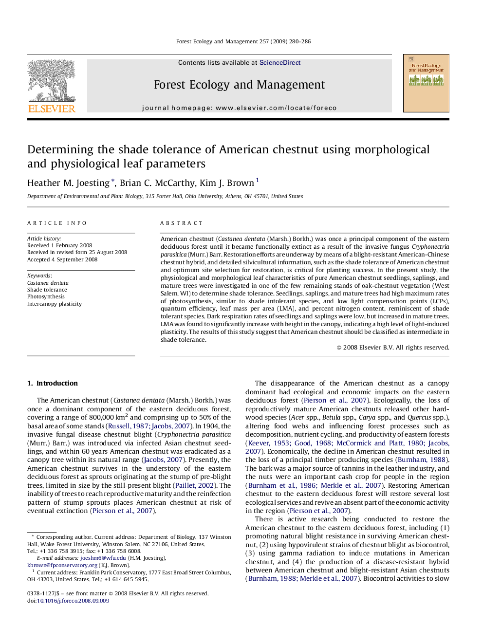 Determining the shade tolerance of American chestnut using morphological and physiological leaf parameters