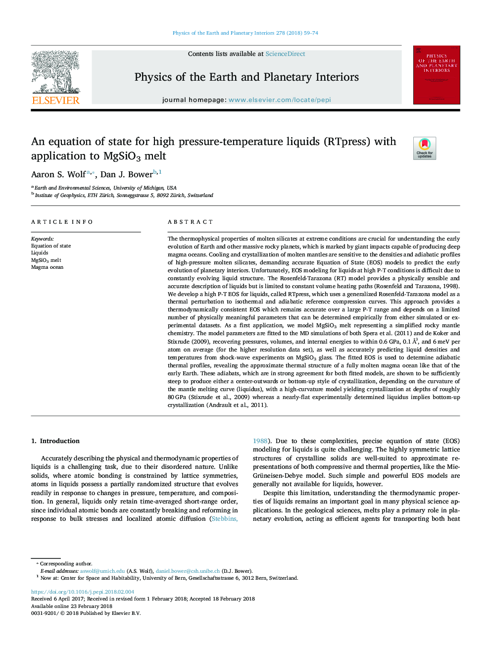 عکس صفحه اول مقاله: An equation of state for high pressure-temperature liquids (RTpress) with application to MgSiO3 melt An equation of state for high pressure-temperature liquids (RTpress) with application to MgSiO3 melt