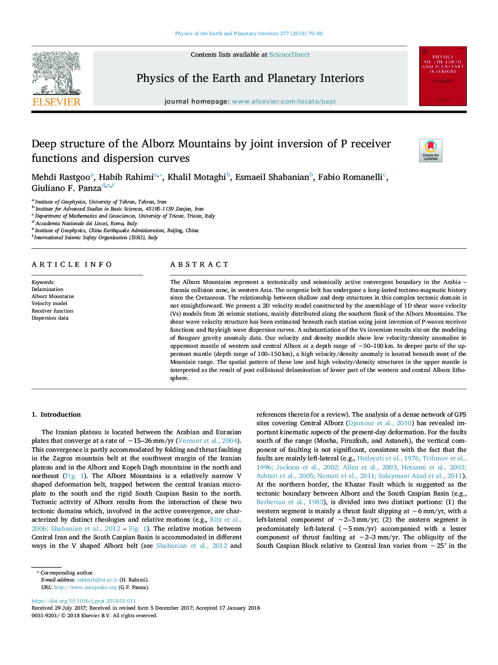 Deep structure of the Alborz Mountains by joint inversion of P receiver functions and dispersion curves