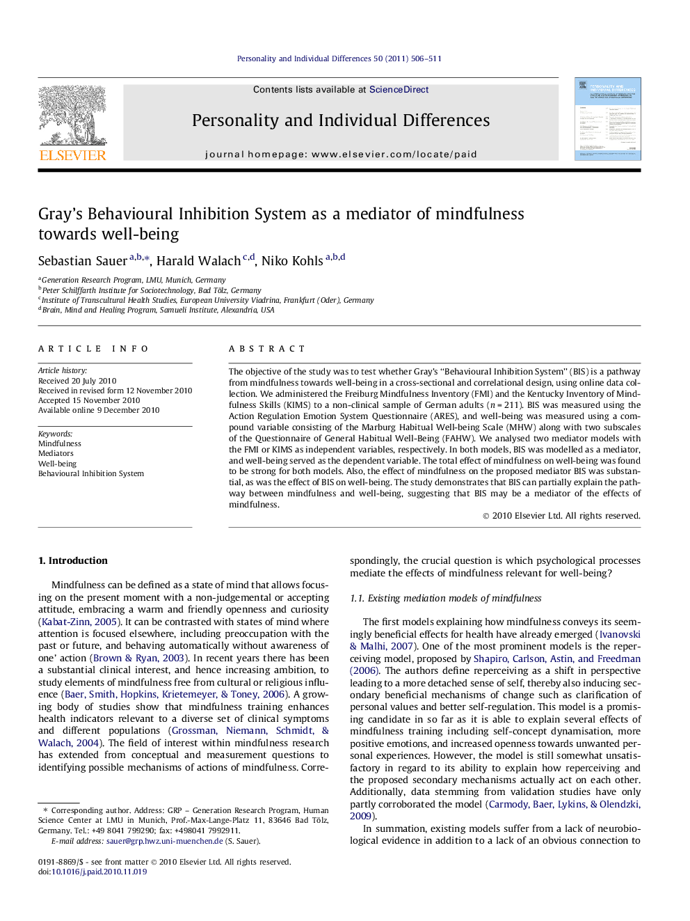 Gray’s Behavioural Inhibition System as a mediator of mindfulness towards well-being