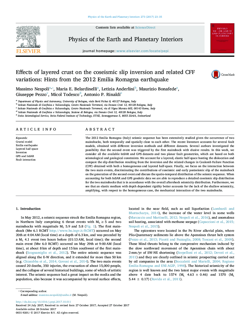 Effects of layered crust on the coseismic slip inversion and related CFF variations: Hints from the 2012 Emilia Romagna earthquake