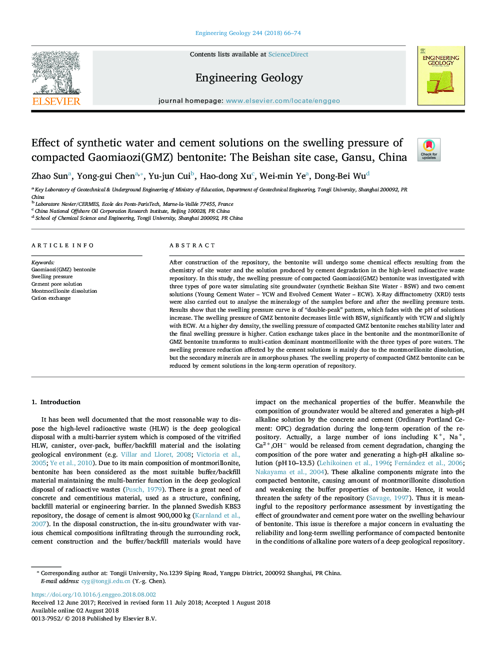 Effect of synthetic water and cement solutions on the swelling pressure of compacted Gaomiaozi(GMZ) bentonite: The Beishan site case, Gansu, China