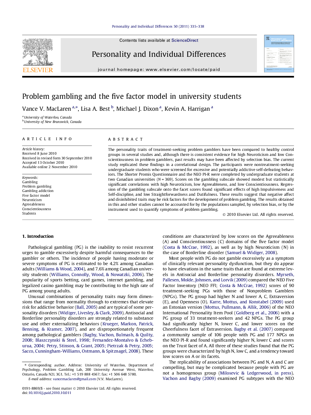 Problem gambling and the five factor model in university students