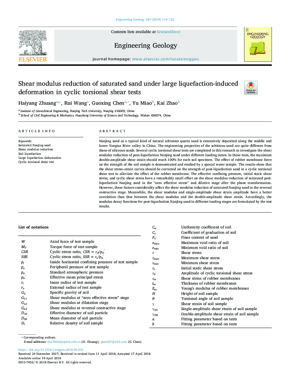 Shear modulus reduction of saturated sand under large liquefaction-induced deformation in cyclic torsional shear tests