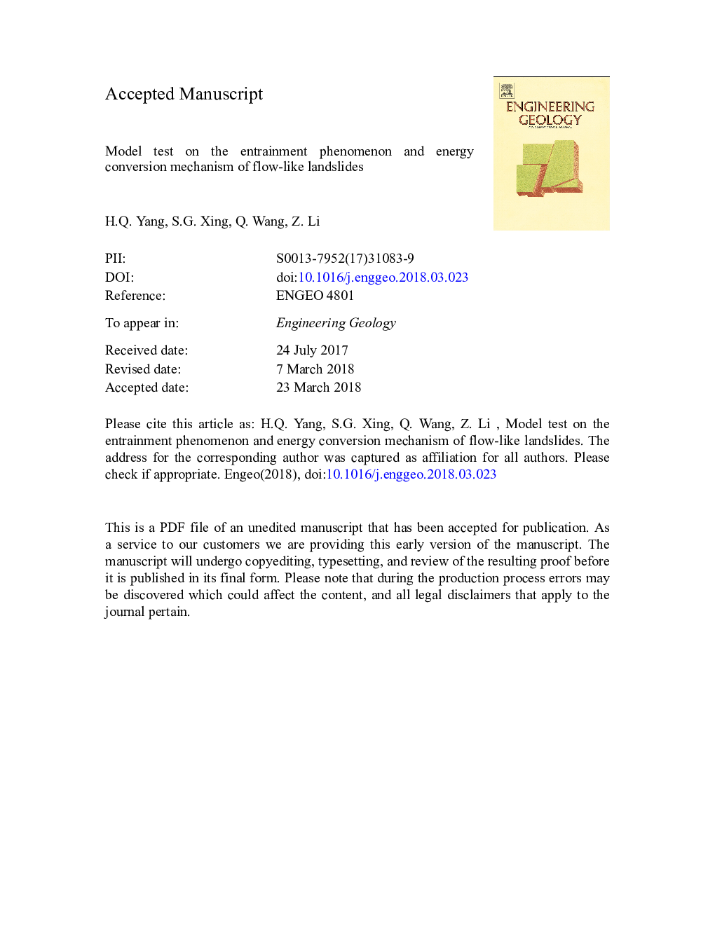 Model test on the entrainment phenomenon and energy conversion mechanism of flow-like landslides