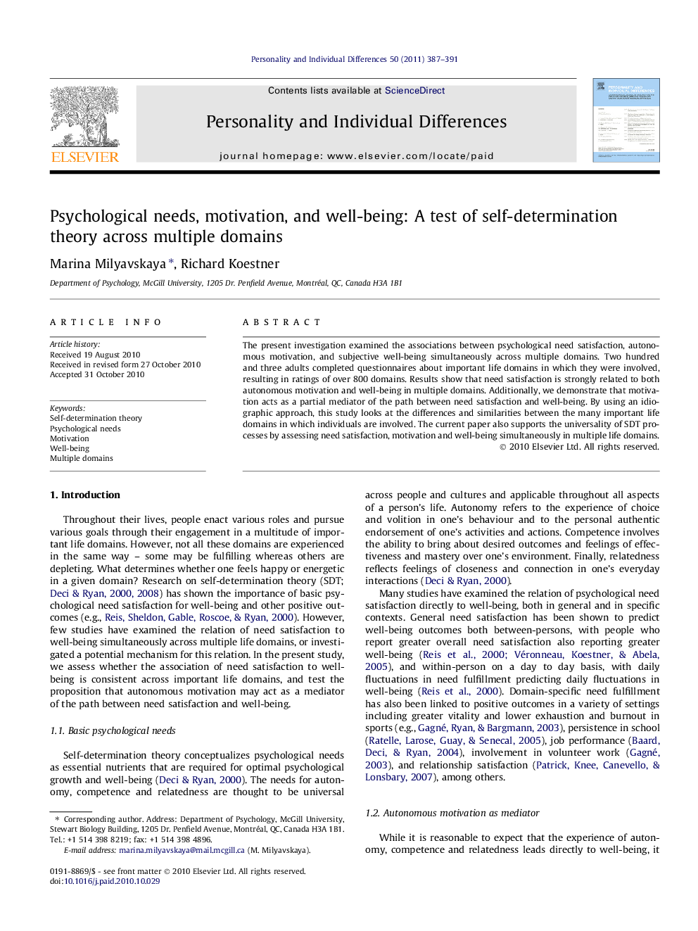 Psychological needs, motivation, and well-being: A test of self-determination theory across multiple domains