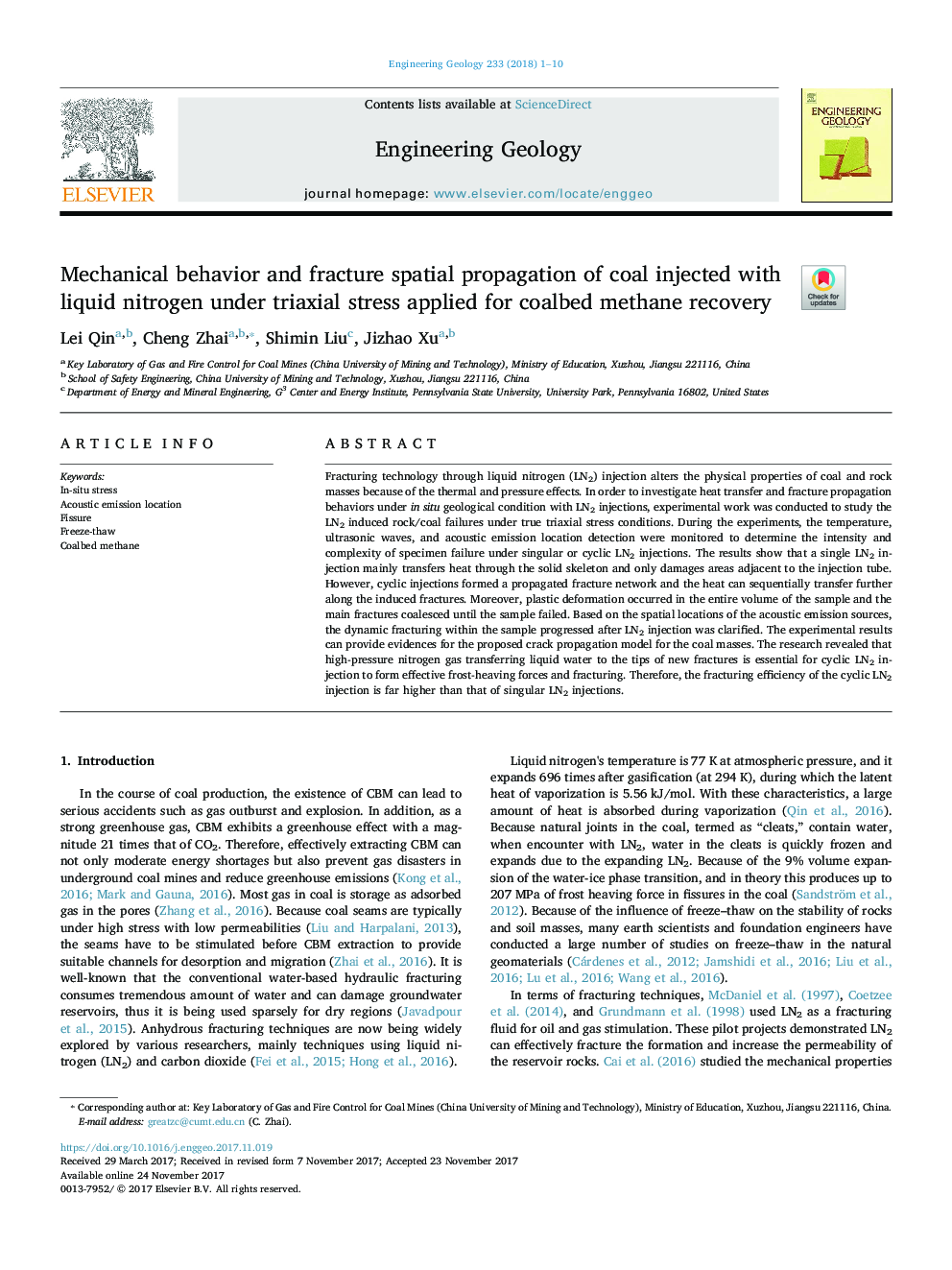 Mechanical behavior and fracture spatial propagation of coal injected with liquid nitrogen under triaxial stress applied for coalbed methane recovery
