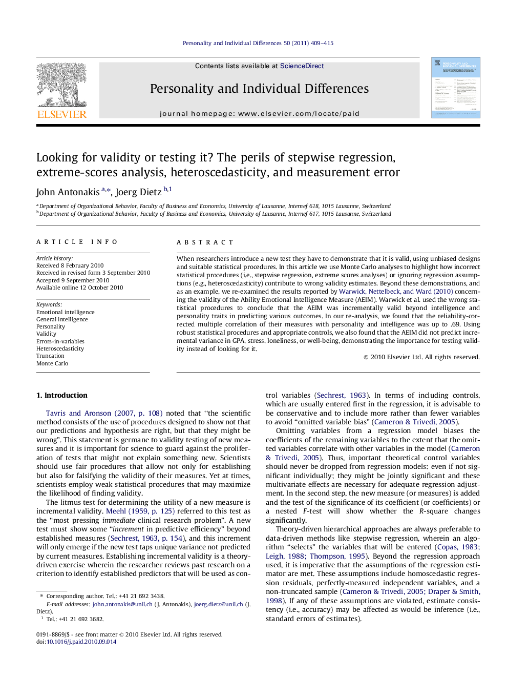 Looking for validity or testing it? The perils of stepwise regression, extreme-scores analysis, heteroscedasticity, and measurement error