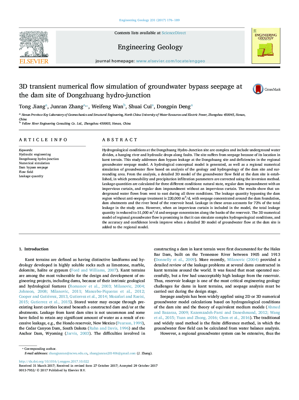 3D transient numerical flow simulation of groundwater bypass seepage at the dam site of Dongzhuang hydro-junction