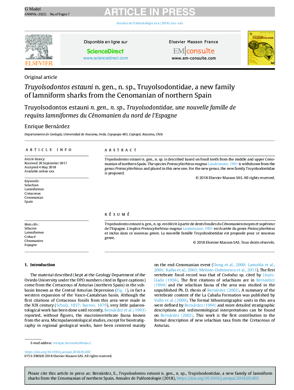 Truyolsodontos estauni n. gen., n. sp., Truyolsodontidae, a new family of lamniform sharks from the Cenomanian of northern Spain