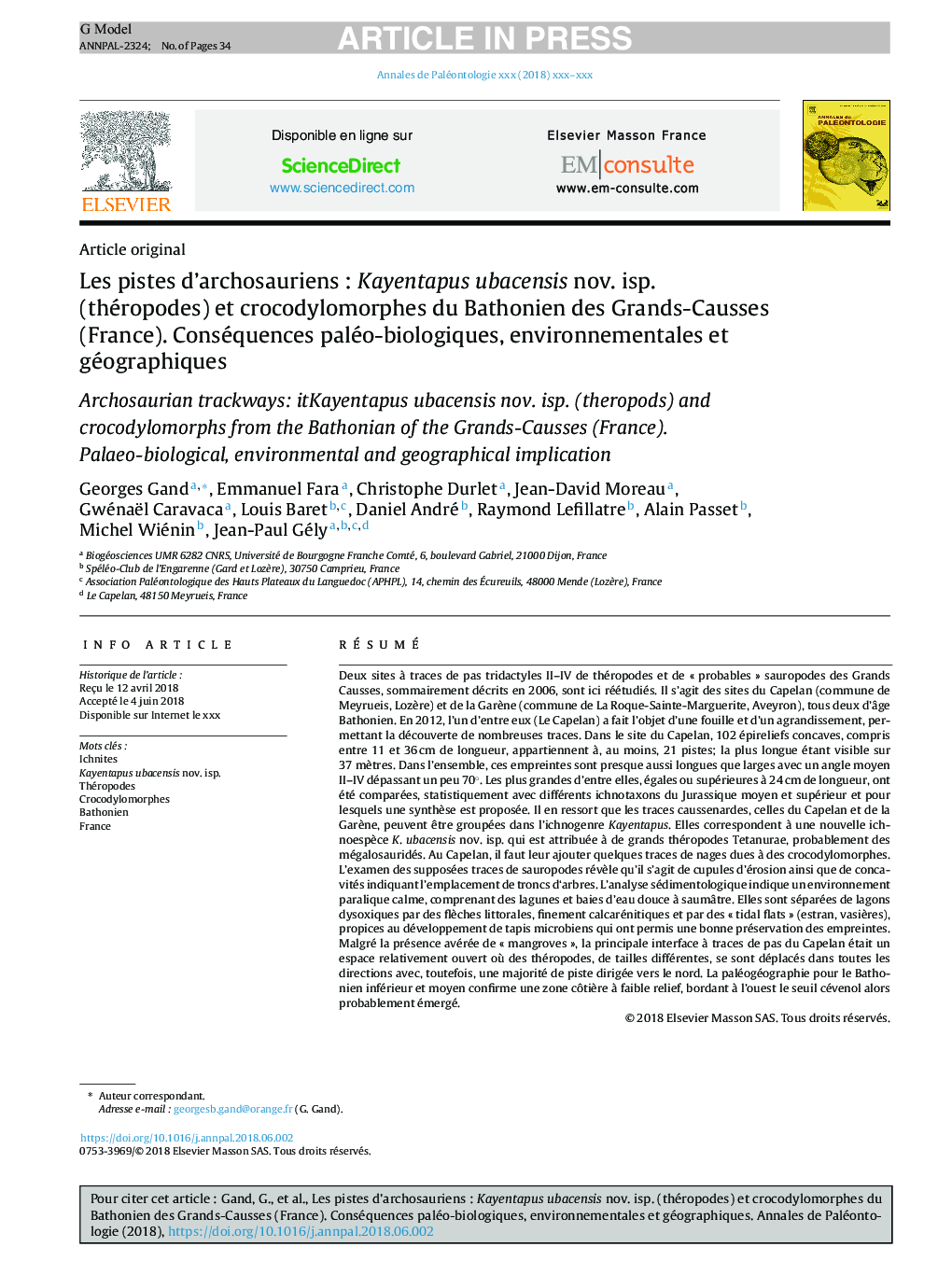 عکس صفحه اول مقاله: Les pistes d'archosauriens : Kayentapus ubacensis nov. isp. (théropodes) et crocodylomorphes du Bathonien des Grands-Causses (France). Conséquences paléo-biologiques, environnementales et géographiques Les pistes d'archosauriens : Kayentapus ubacensis nov. isp. (théropodes) et crocodylomorphes du Bathonien des Grands-Causses (France). Conséquences paléo-biologiques, environnementales et géographiques