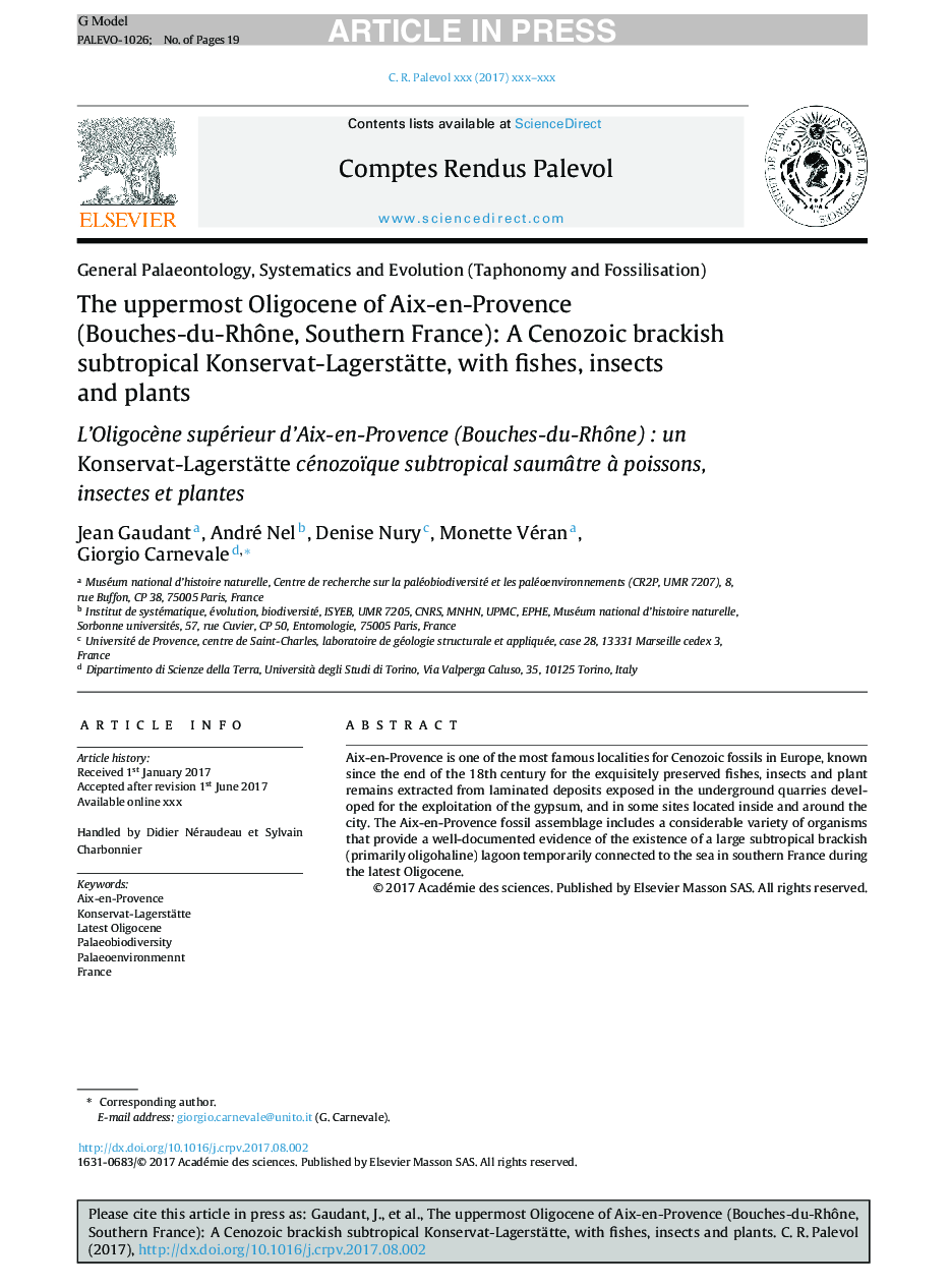 The uppermost Oligocene of Aix-en-Provence (Bouches-du-RhÃ´ne, Southern France): A Cenozoic brackish subtropical Konservat-Lagerstätte, with fishes, insects and plants