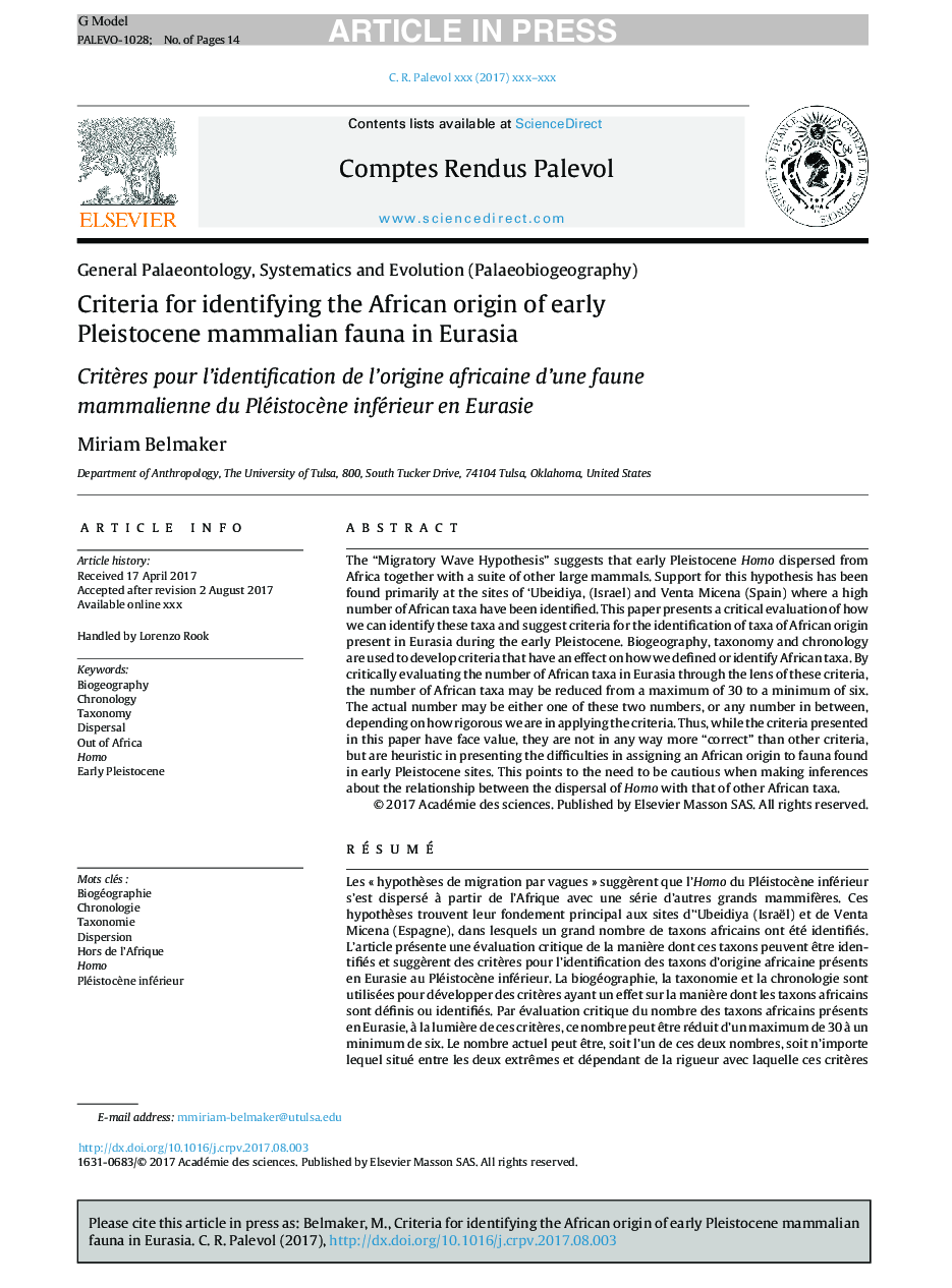 معیارهای شناسایی موراد آفریقایی فون پستانداران اولیه پلهیستوکن در اوراسیا