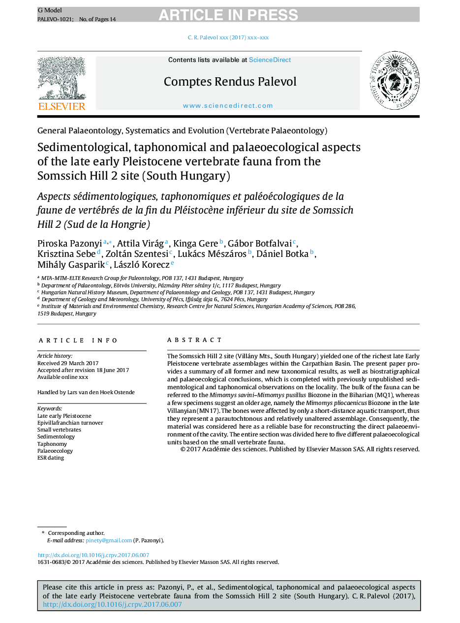 Sedimentological, taphonomical and palaeoecological aspects of the late early Pleistocene vertebrate fauna from the Somssich Hill 2 site (South Hungary)