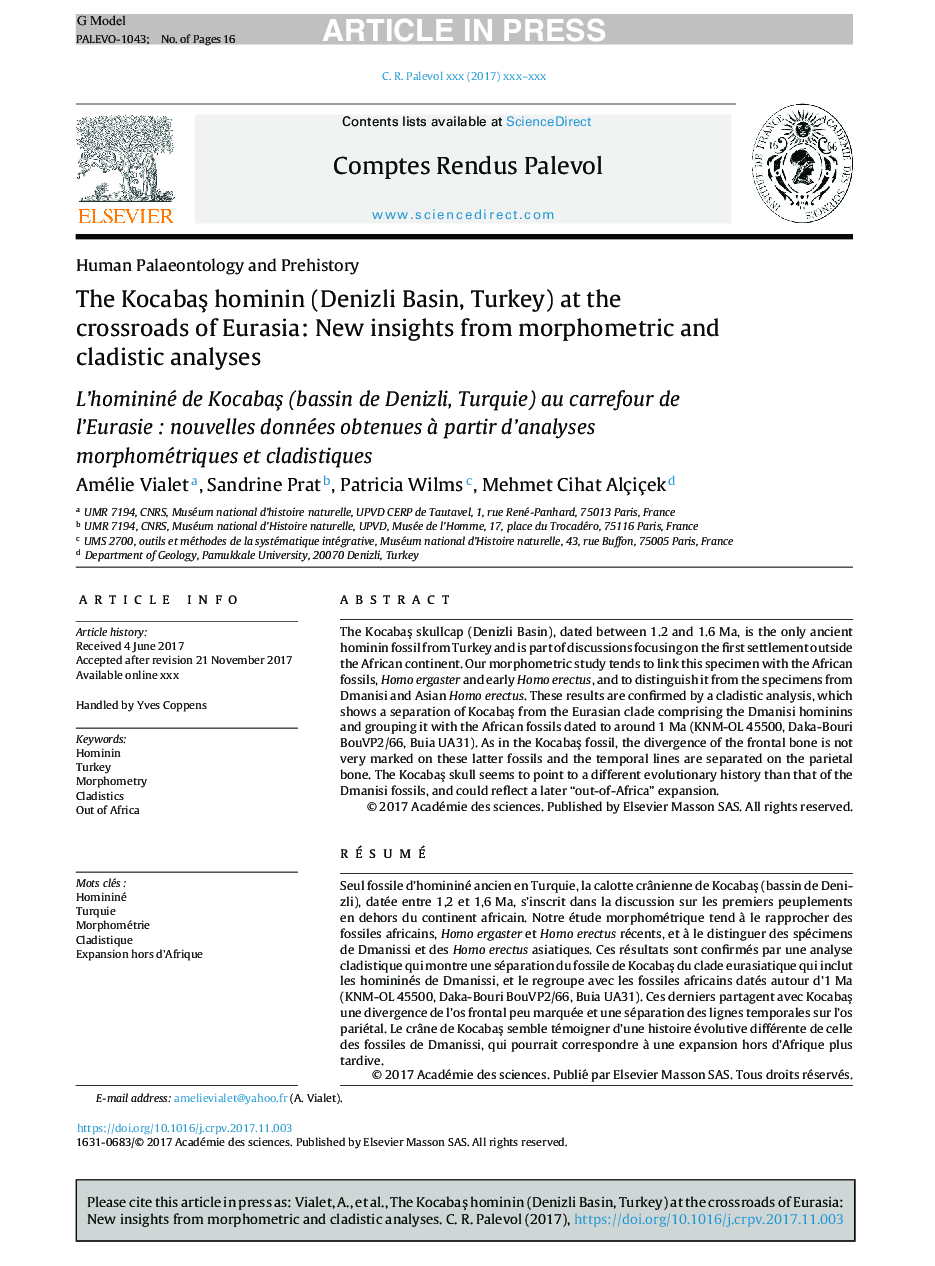 The KocabaÅ hominin (Denizli Basin, Turkey) at the crossroads of Eurasia: New insights from morphometric and cladistic analyses