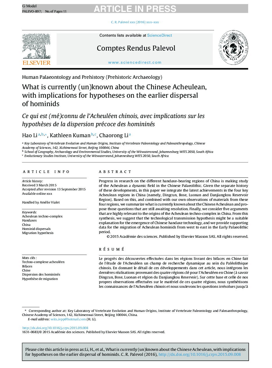 What is currently (un)known about the Chinese Acheulean, with implications for hypotheses on the earlier dispersal of hominids