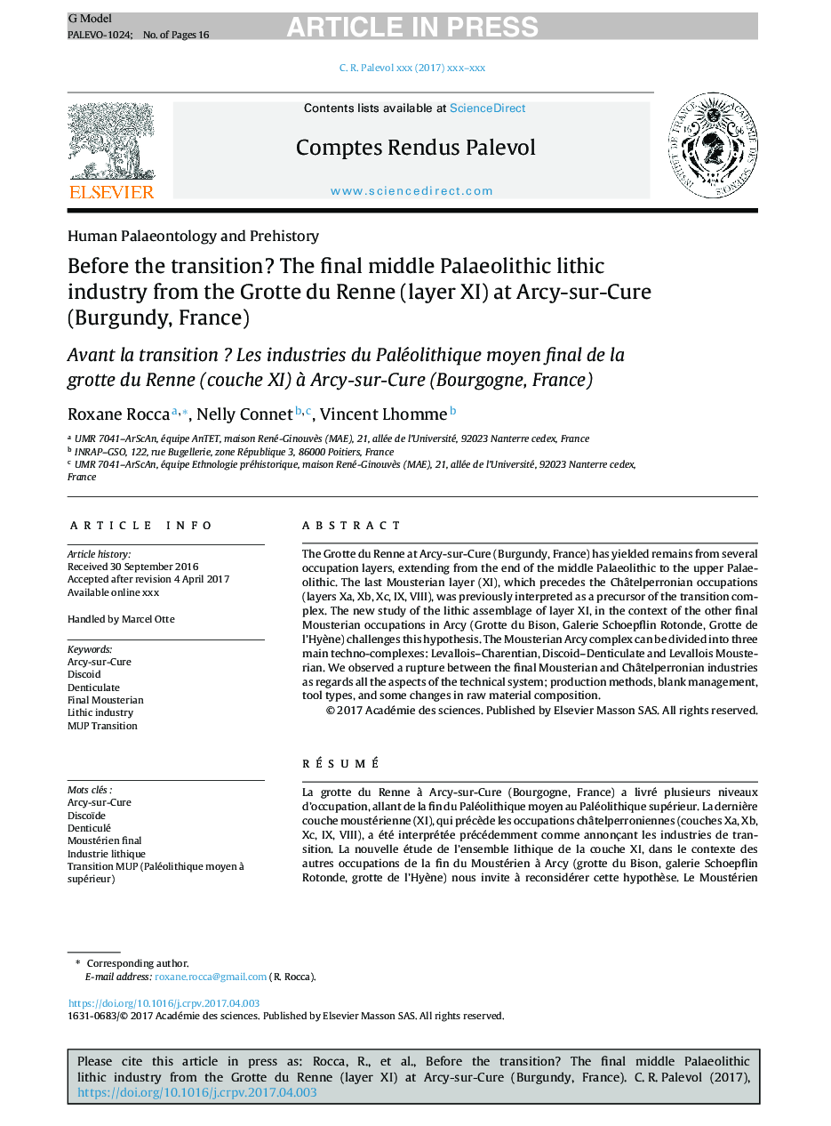 Before the transition? The final middle Palaeolithic lithic industry from the Grotte du Renne (layer XI) at Arcy-sur-Cure (Burgundy, France)