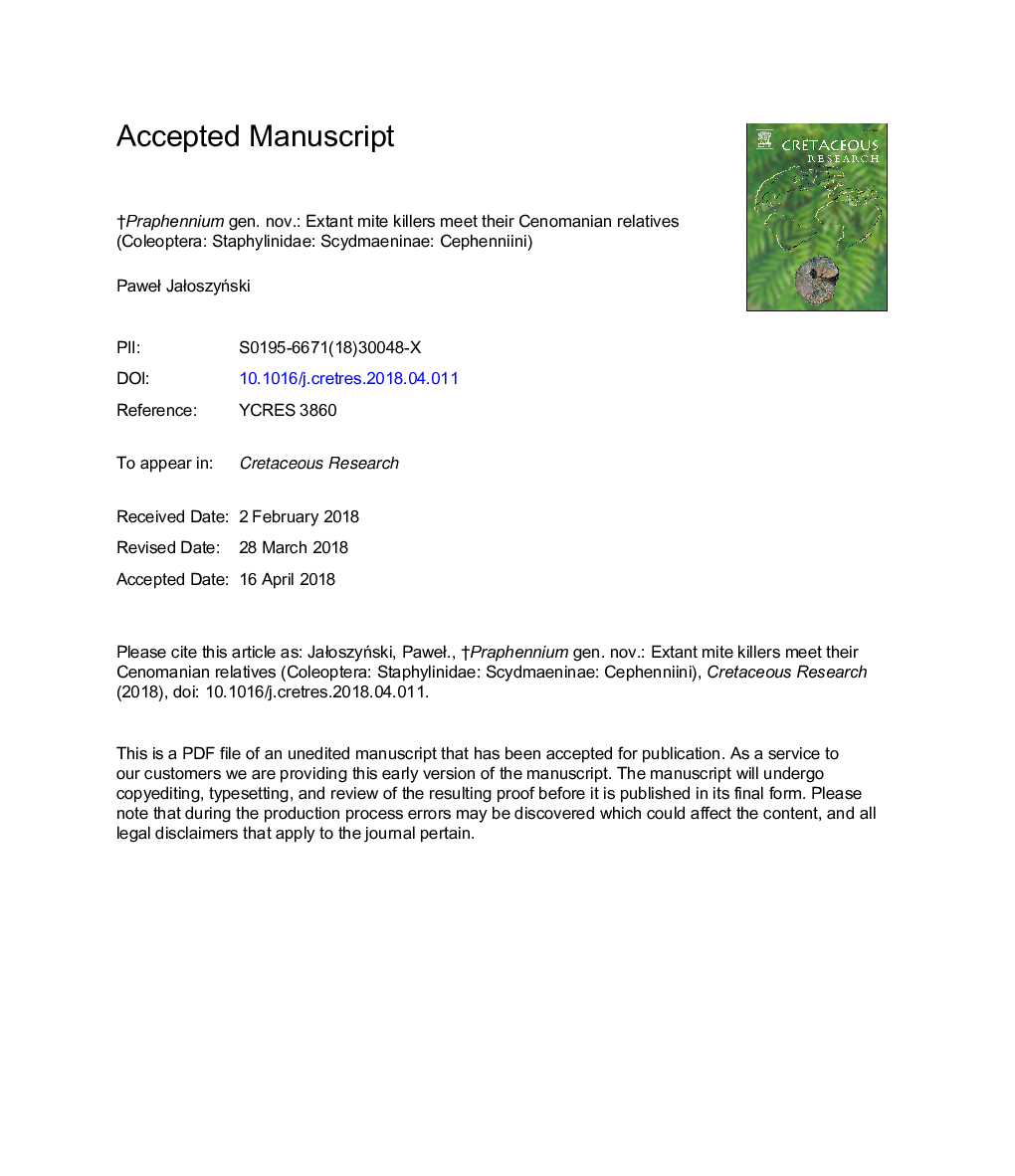 â Praphennium gen. nov.: Extant mite killers meet their Cenomanian relatives (Coleoptera: Staphylinidae: Scydmaeninae: Cephenniini)