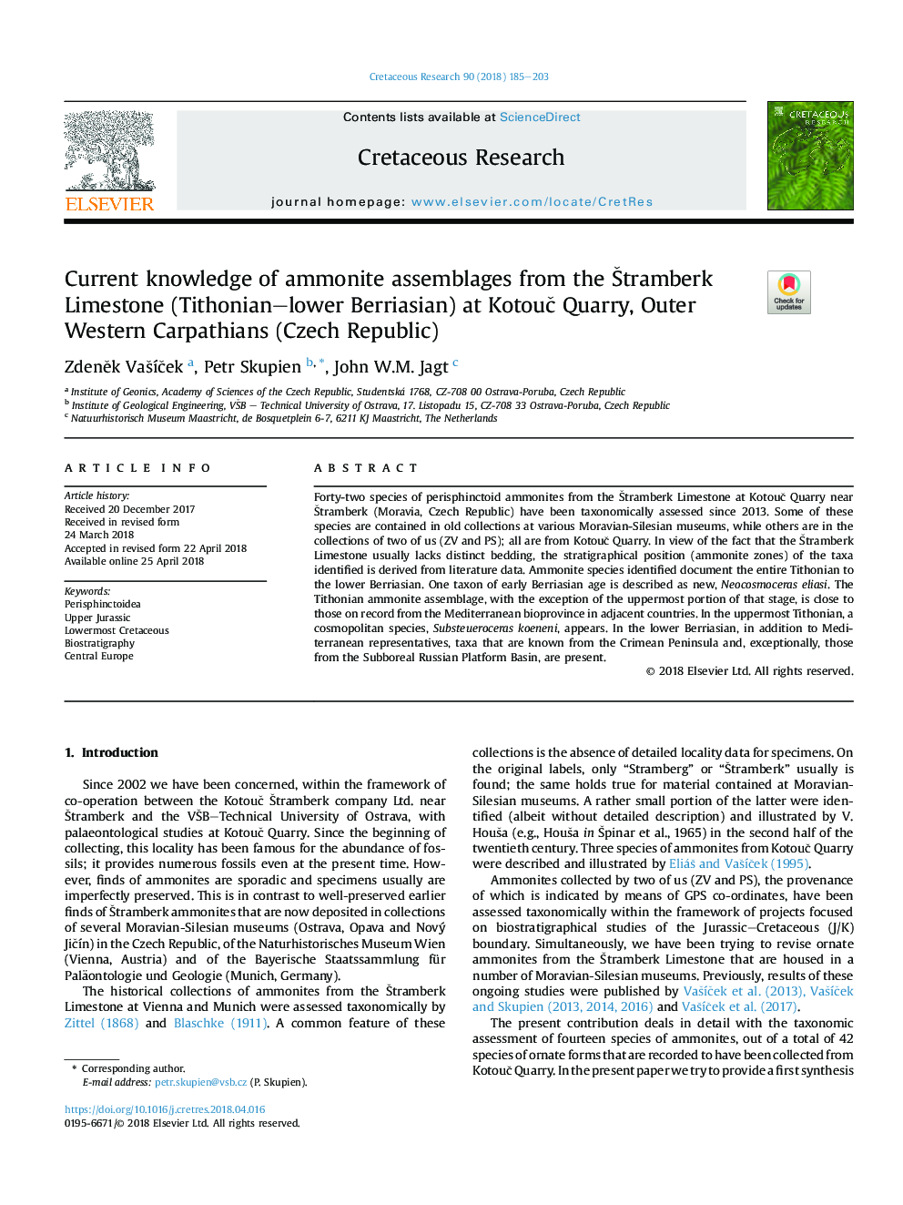 Current knowledge of ammonite assemblages from the Å tramberk Limestone (Tithonian-lower Berriasian) at KotouÄ Quarry, Outer Western Carpathians (Czech Republic)