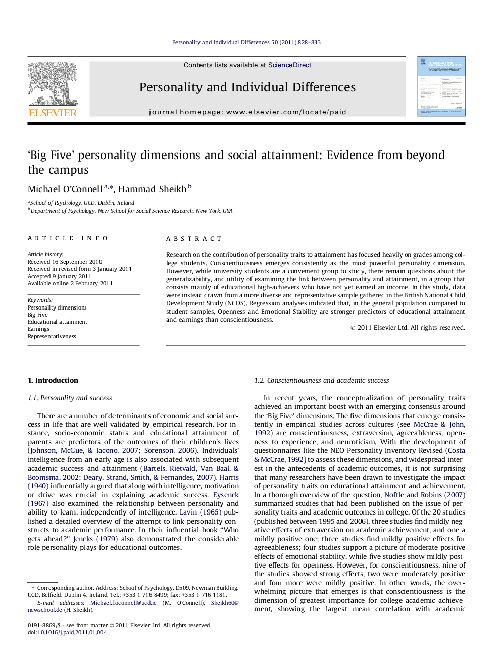 ‘Big Five’ personality dimensions and social attainment: Evidence from beyond the campus