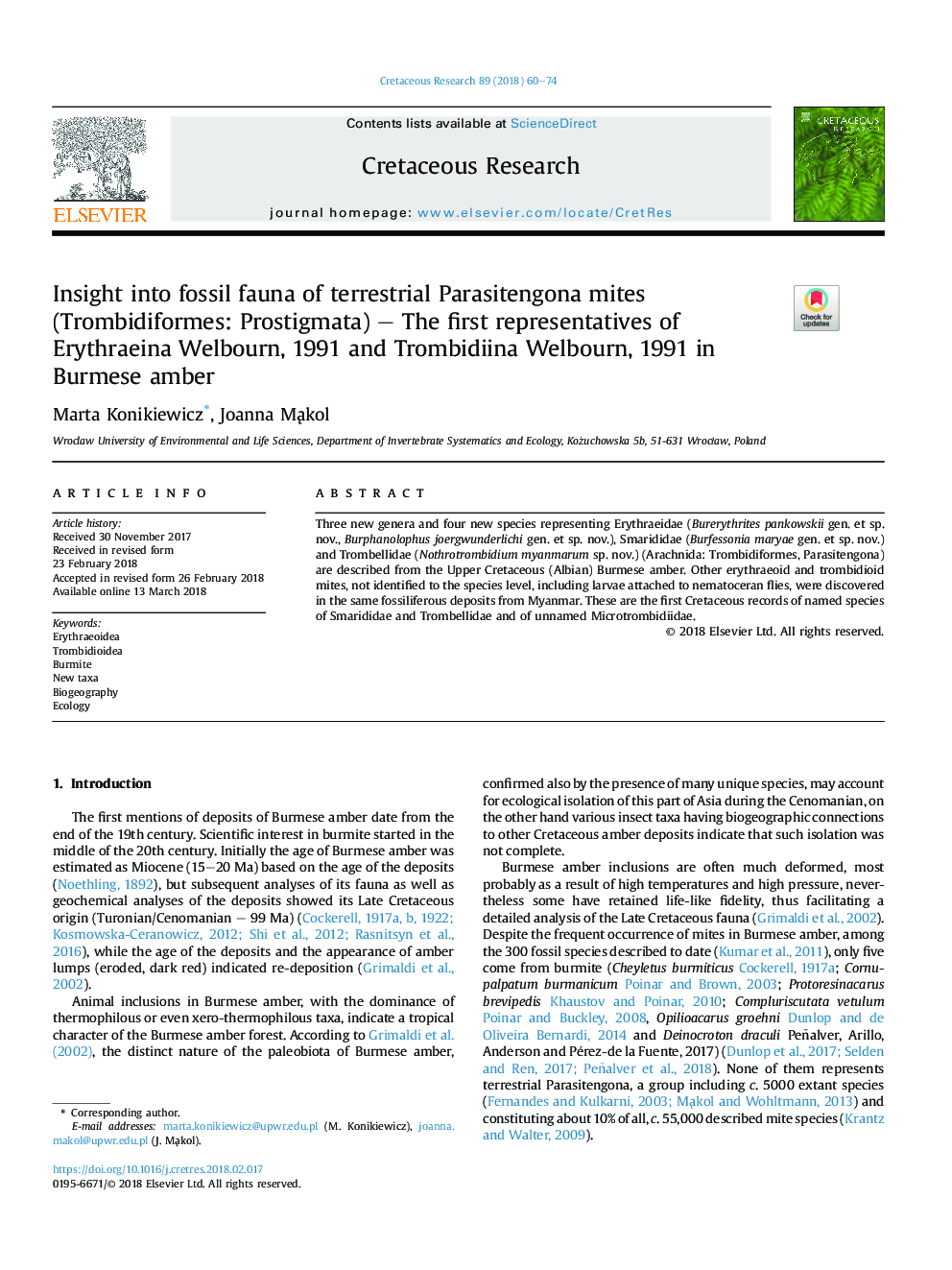 Insight into fossil fauna of terrestrial Parasitengona mites (Trombidiformes: Prostigmata) - The first representatives of Erythraeina Welbourn, 1991 and Trombidiina Welbourn, 1991 in Burmese amber