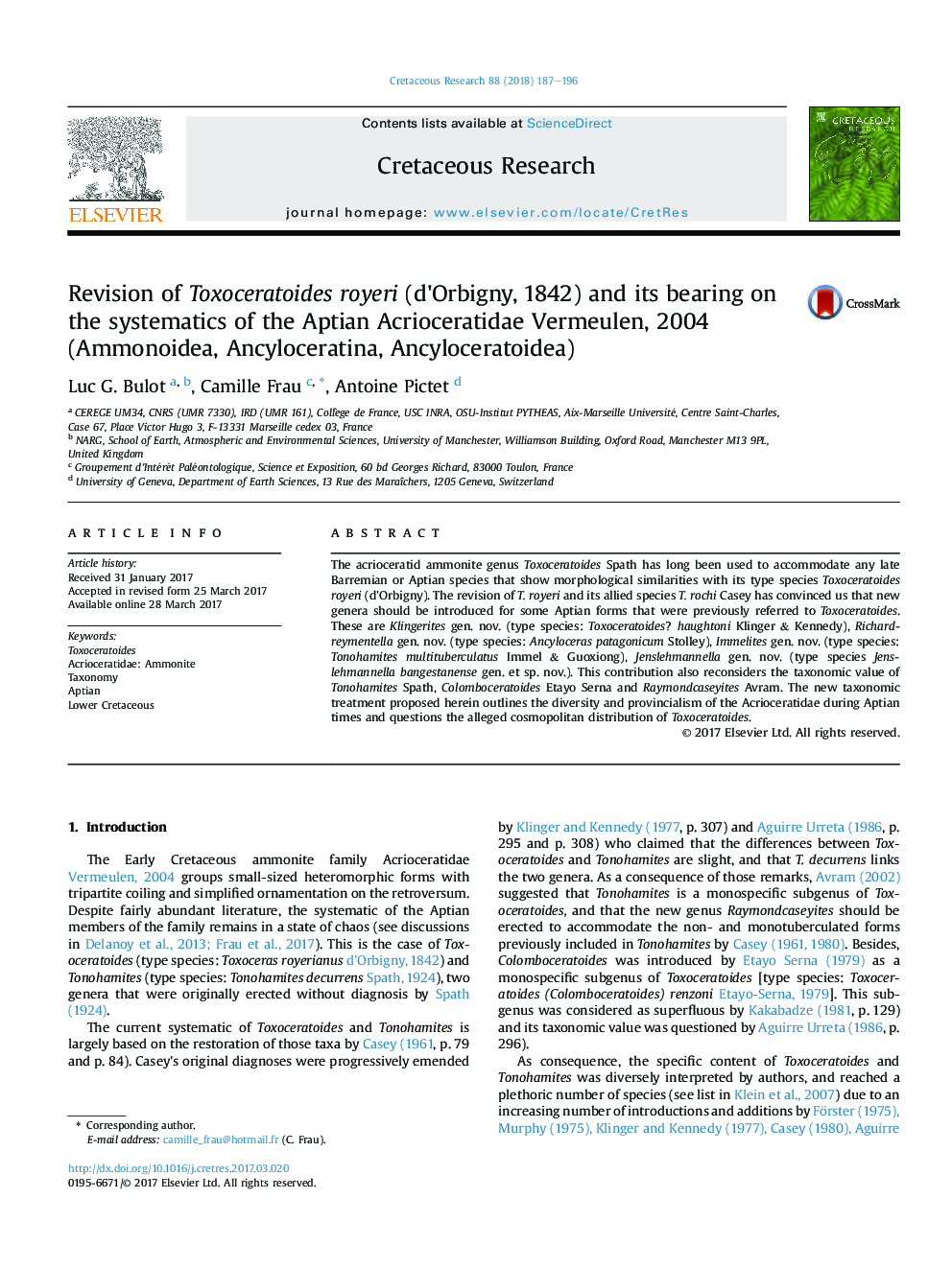 Revision of Toxoceratoides royeri (d'Orbigny, 1842) and its bearing on the systematics of the Aptian Acrioceratidae Vermeulen, 2004 (Ammonoidea, Ancyloceratina, Ancyloceratoidea)