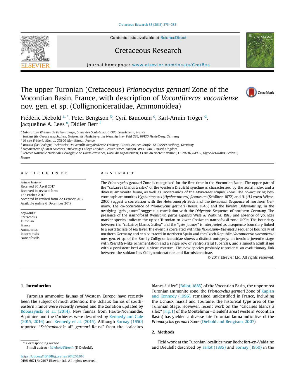 The upper Turonian (Cretaceous) Prionocyclus germari Zone of the Vocontian Basin, France, with description of Vocontiiceras vocontiense nov. gen. et sp. (Collignoniceratidae, Ammonoidea)