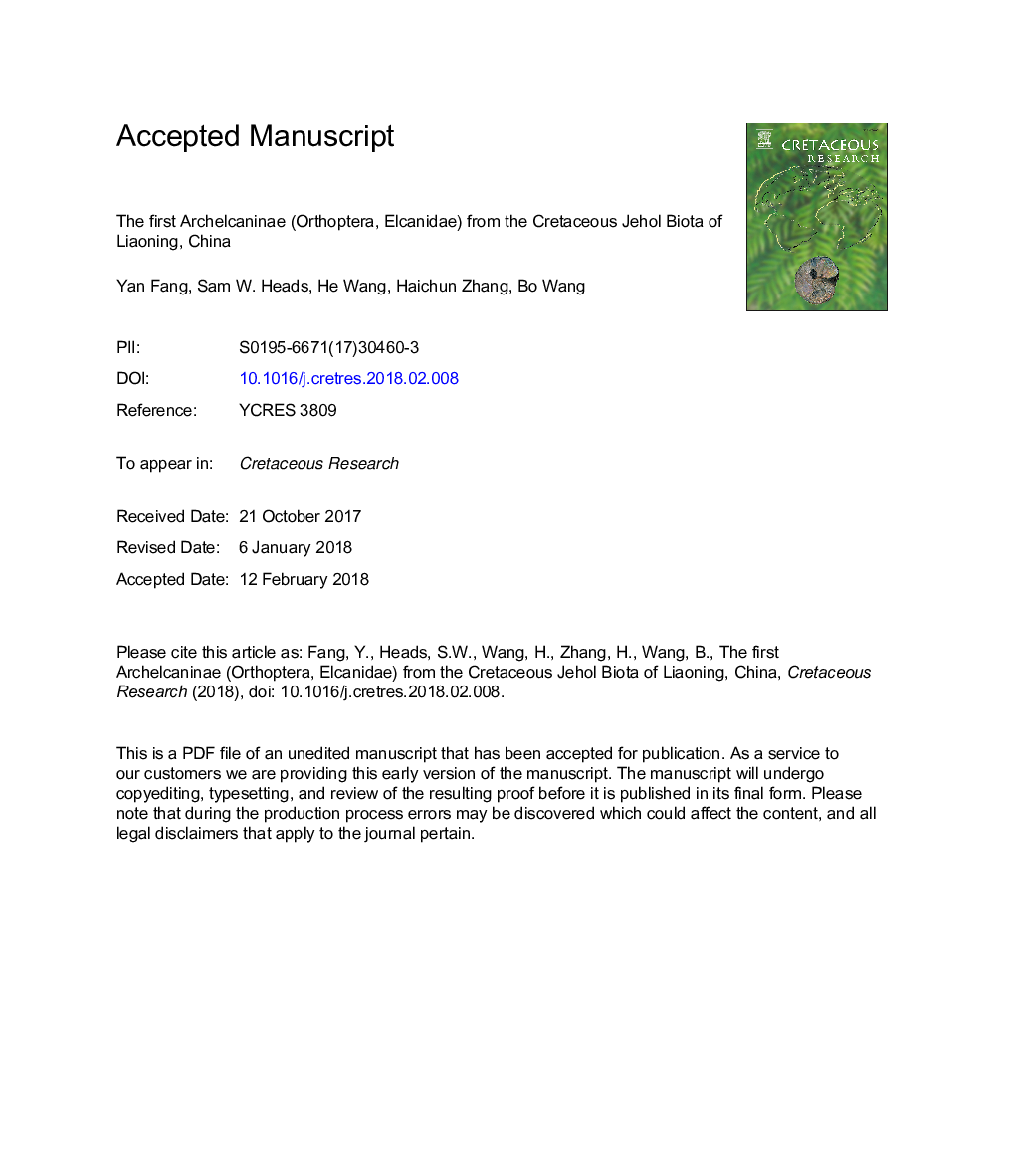 The first Archelcaninae (Orthoptera, Elcanidae) from the Cretaceous Jehol Biota of Liaoning, China