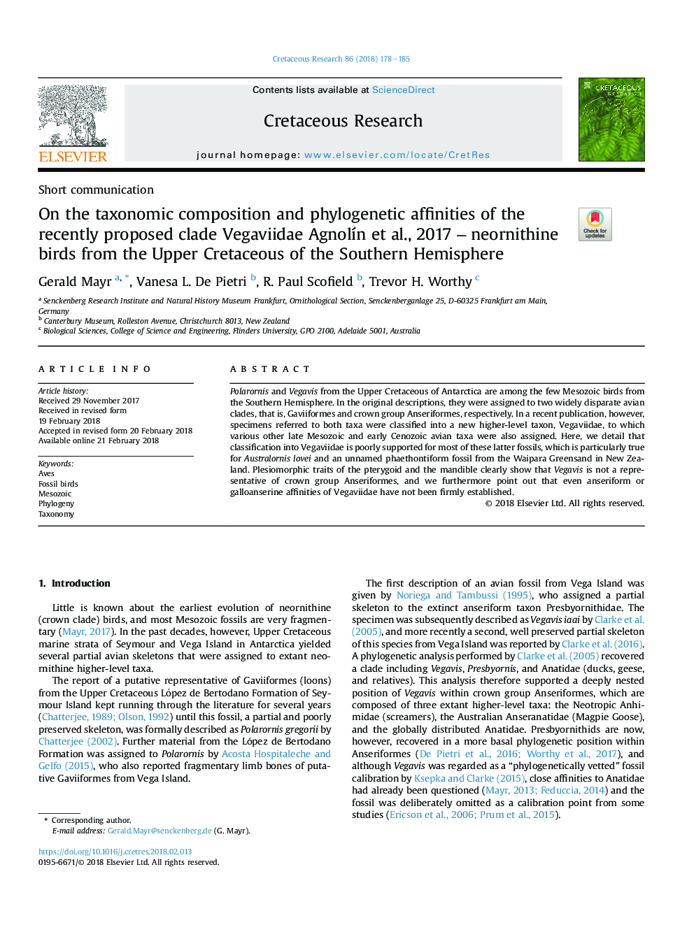 On the taxonomic composition and phylogenetic affinities of the recently proposed clade Vegaviidae AgnolÃ­n etÂ al., 2017 â neornithine birds from the Upper Cretaceous of the Southern Hemisphere