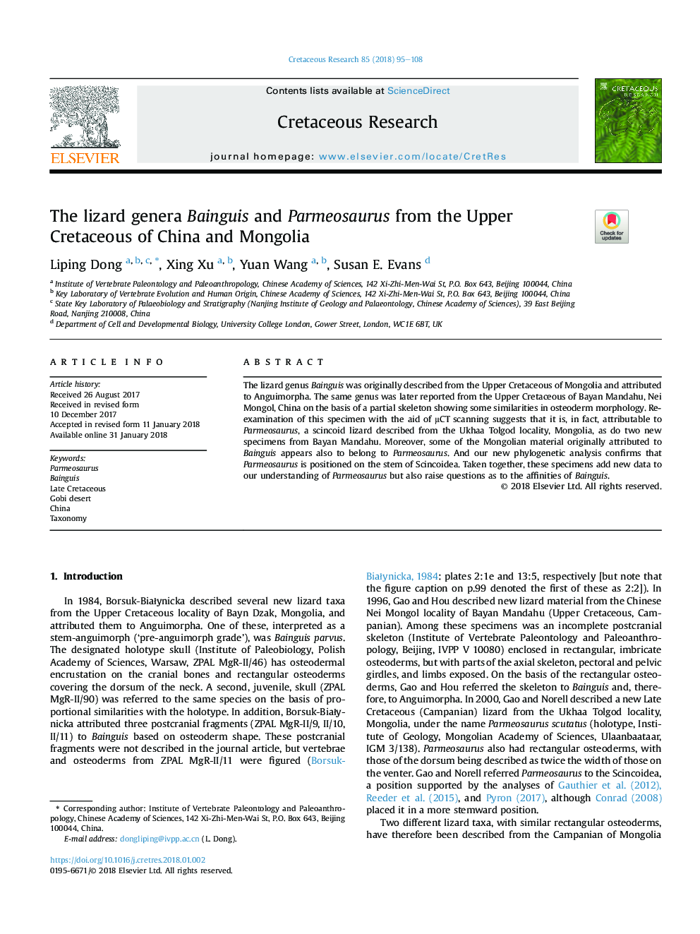 The lizard genera Bainguis and Parmeosaurus from the Upper Cretaceous of China and Mongolia