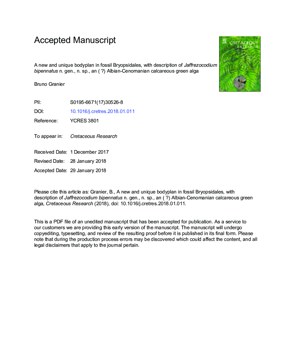 A new and unique bodyplan in fossil Bryopsidales, with description of Jaffrezocodium bipennatus n. gen., n. sp., an ( ?) Albian-Cenomanian calcareous green alga