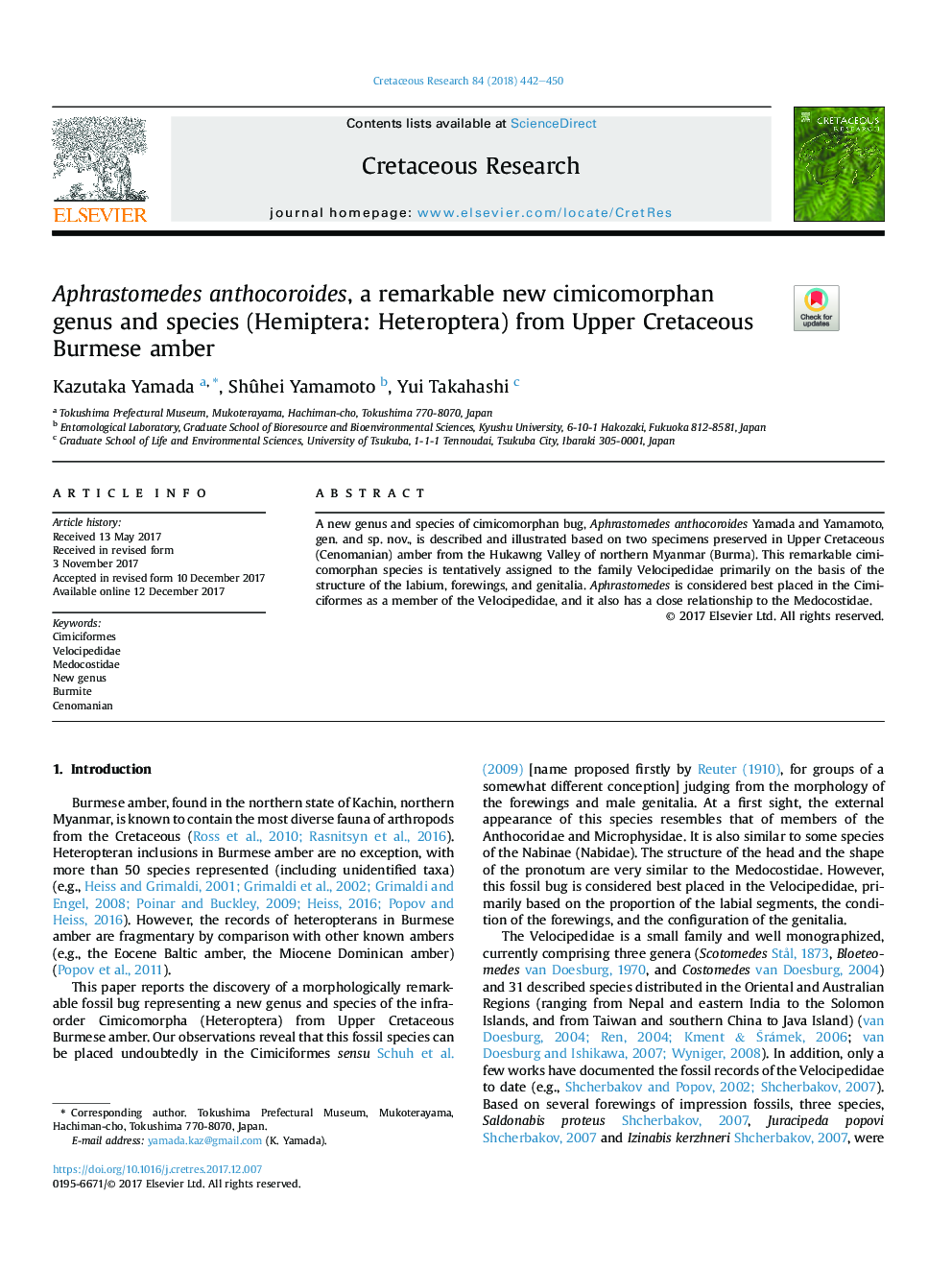 Aphrastomedes anthocoroides, a remarkable new cimicomorphan genus and species (Hemiptera: Heteroptera) from Upper Cretaceous Burmese amber