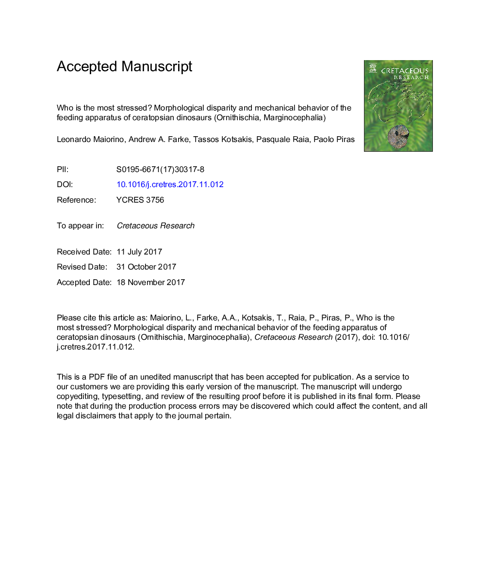 عکس صفحه اول مقاله: Who is the most stressed? Morphological disparity and mechanical behavior of the feeding apparatus of ceratopsian dinosaurs (Ornithischia, Marginocephalia) Who is the most stressed? Morphological disparity and mechanical behavior of the feeding apparatus of ceratopsian dinosaurs (Ornithischia, Marginocephalia)