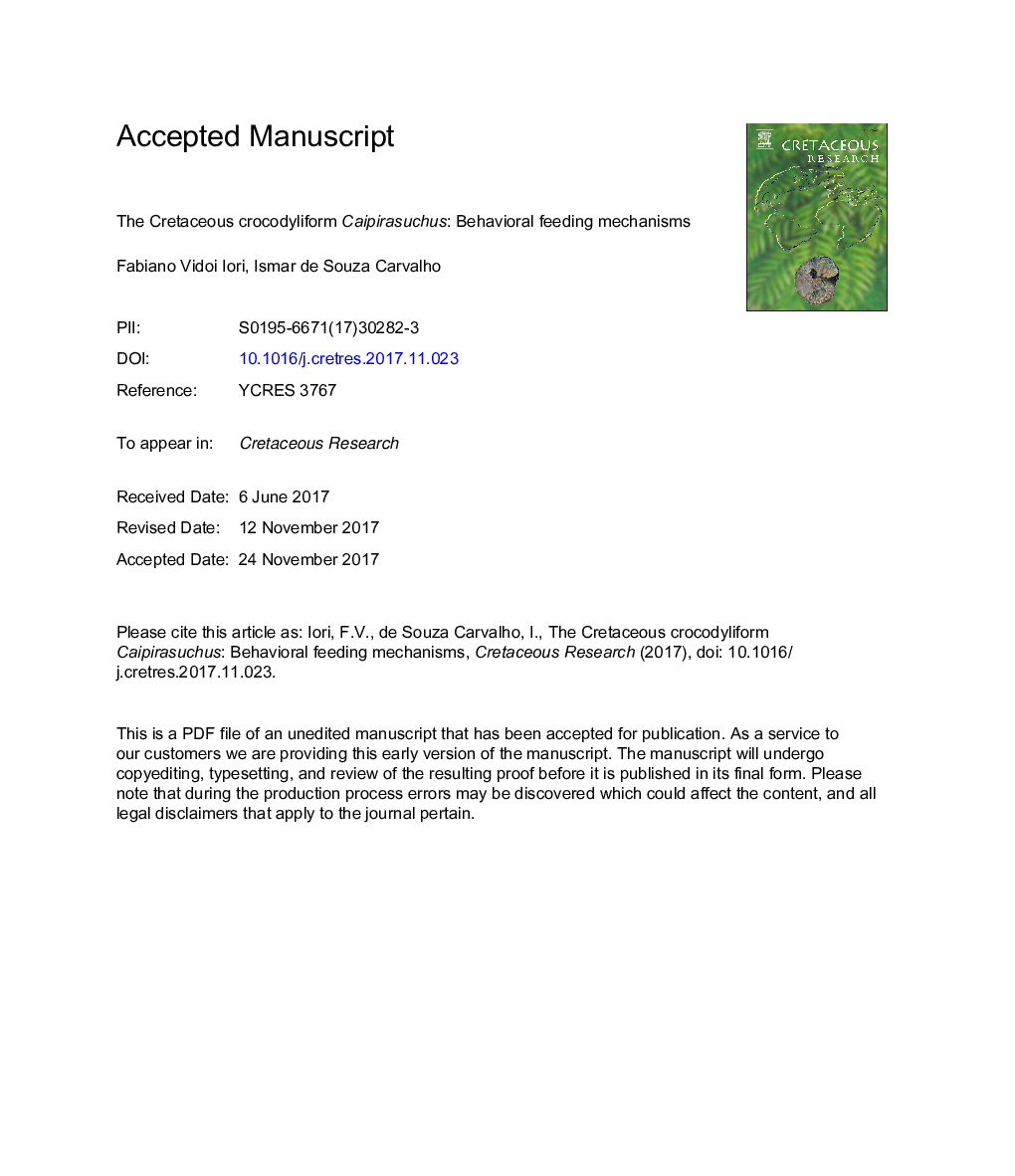 عکس صفحه اول مقاله: The Cretaceous crocodyliform Caipirasuchus: behavioral feeding mechanisms The Cretaceous crocodyliform Caipirasuchus: behavioral feeding mechanisms