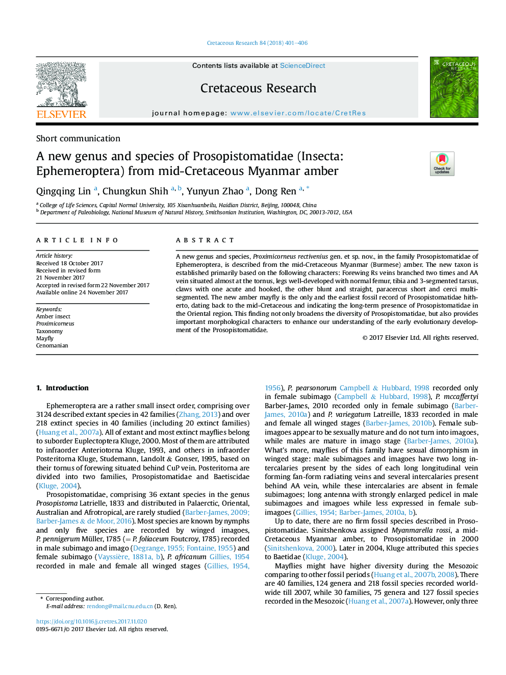 A new genus and species of Prosopistomatidae (Insecta: Ephemeroptera) from mid-Cretaceous Myanmar amber