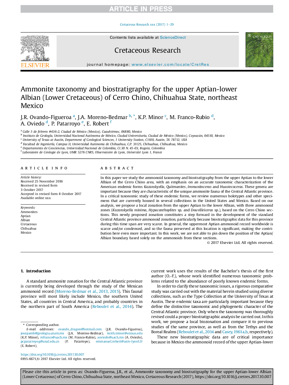 Ammonite taxonomy and biostratigraphy for the upper Aptian-lower Albian (Lower Cretaceous) of Cerro Chino, Chihuahua State, northeast Mexico