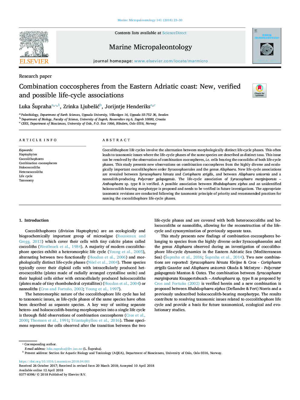 Combination coccospheres from the Eastern Adriatic coast: New, verified and possible life-cycle associations