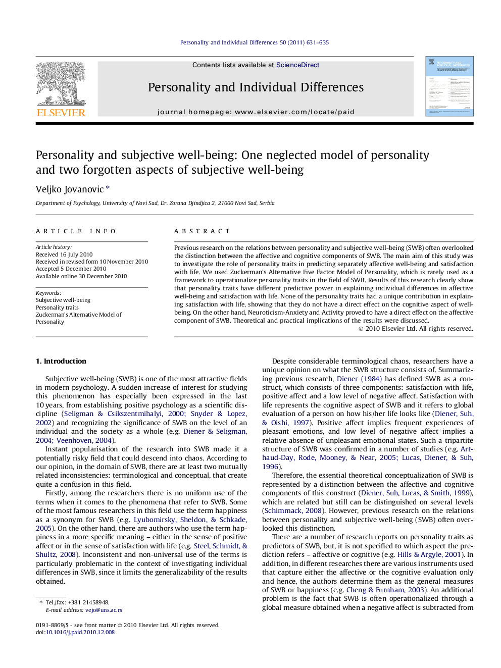 Personality and subjective well-being: One neglected model of personality and two forgotten aspects of subjective well-being