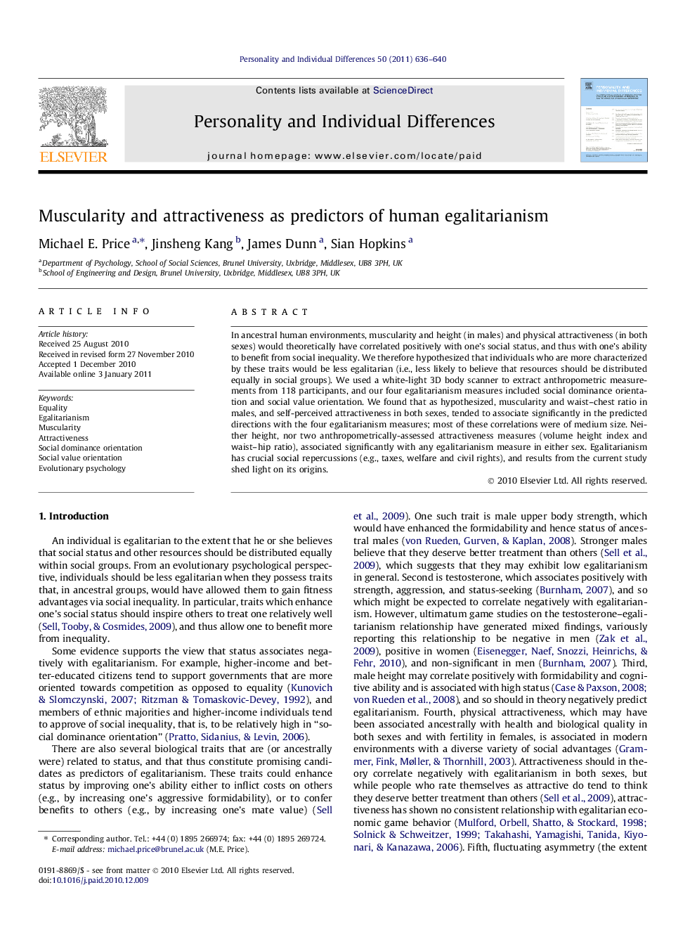 Muscularity and attractiveness as predictors of human egalitarianism