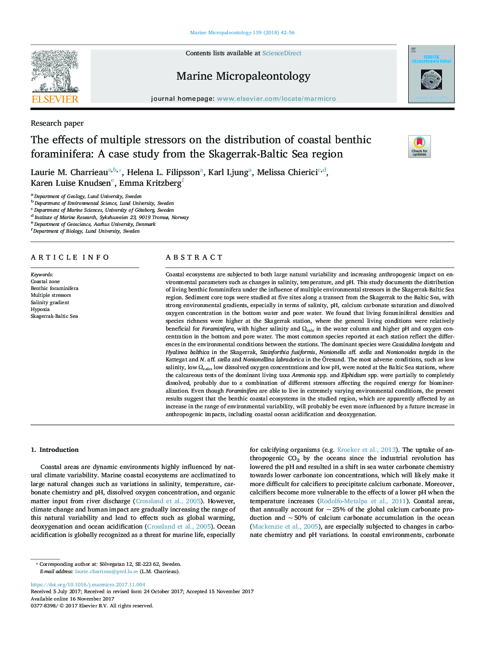 The effects of multiple stressors on the distribution of coastal benthic foraminifera: A case study from the Skagerrak-Baltic Sea region