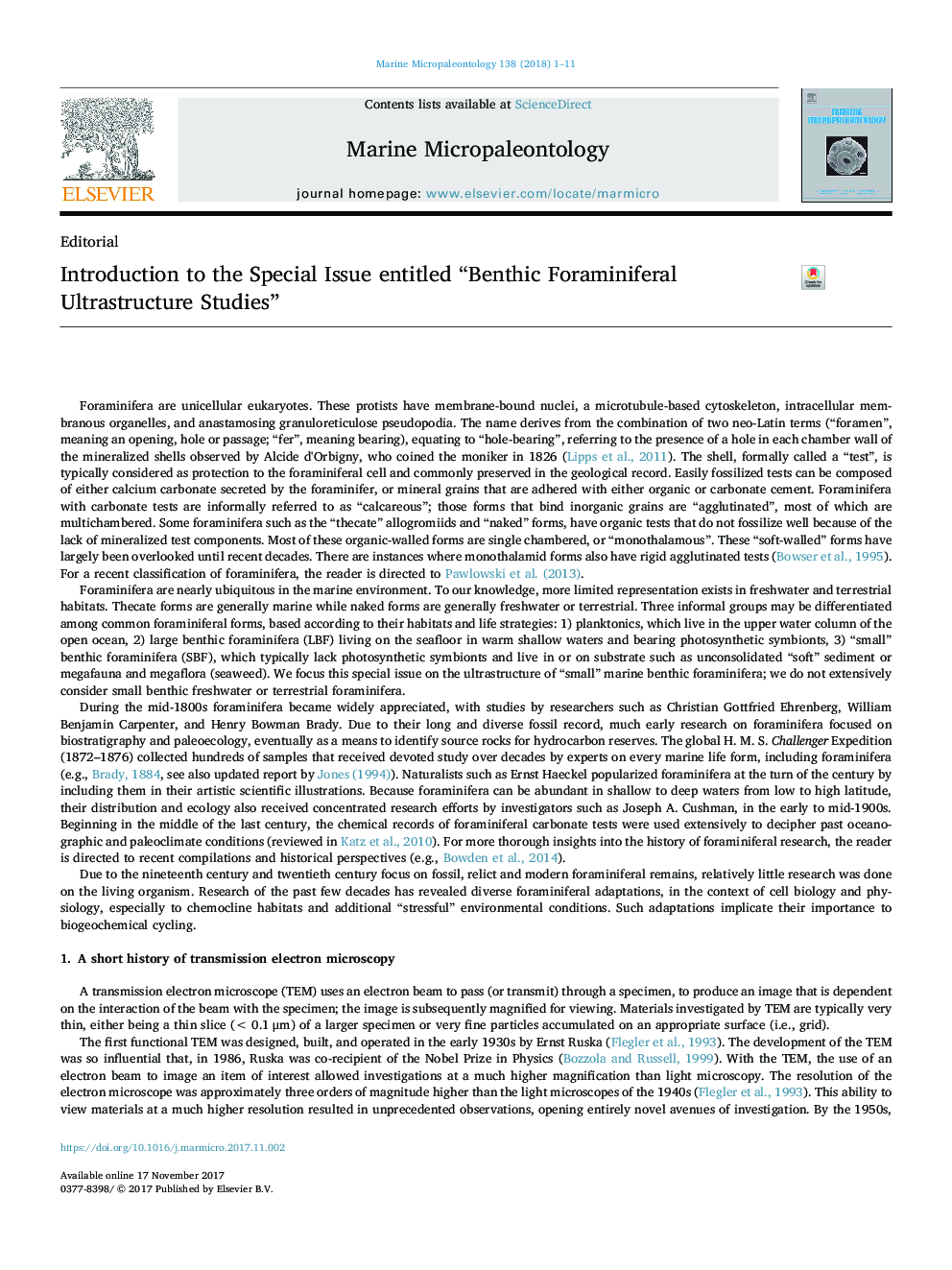 Introduction to the Special Issue entitled “Benthic Foraminiferal Ultrastructure Studies”