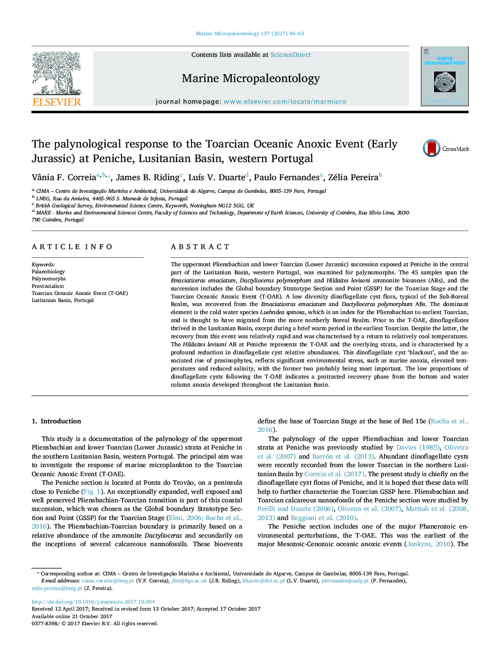 The palynological response to the Toarcian Oceanic Anoxic Event (Early Jurassic) at Peniche, Lusitanian Basin, western Portugal