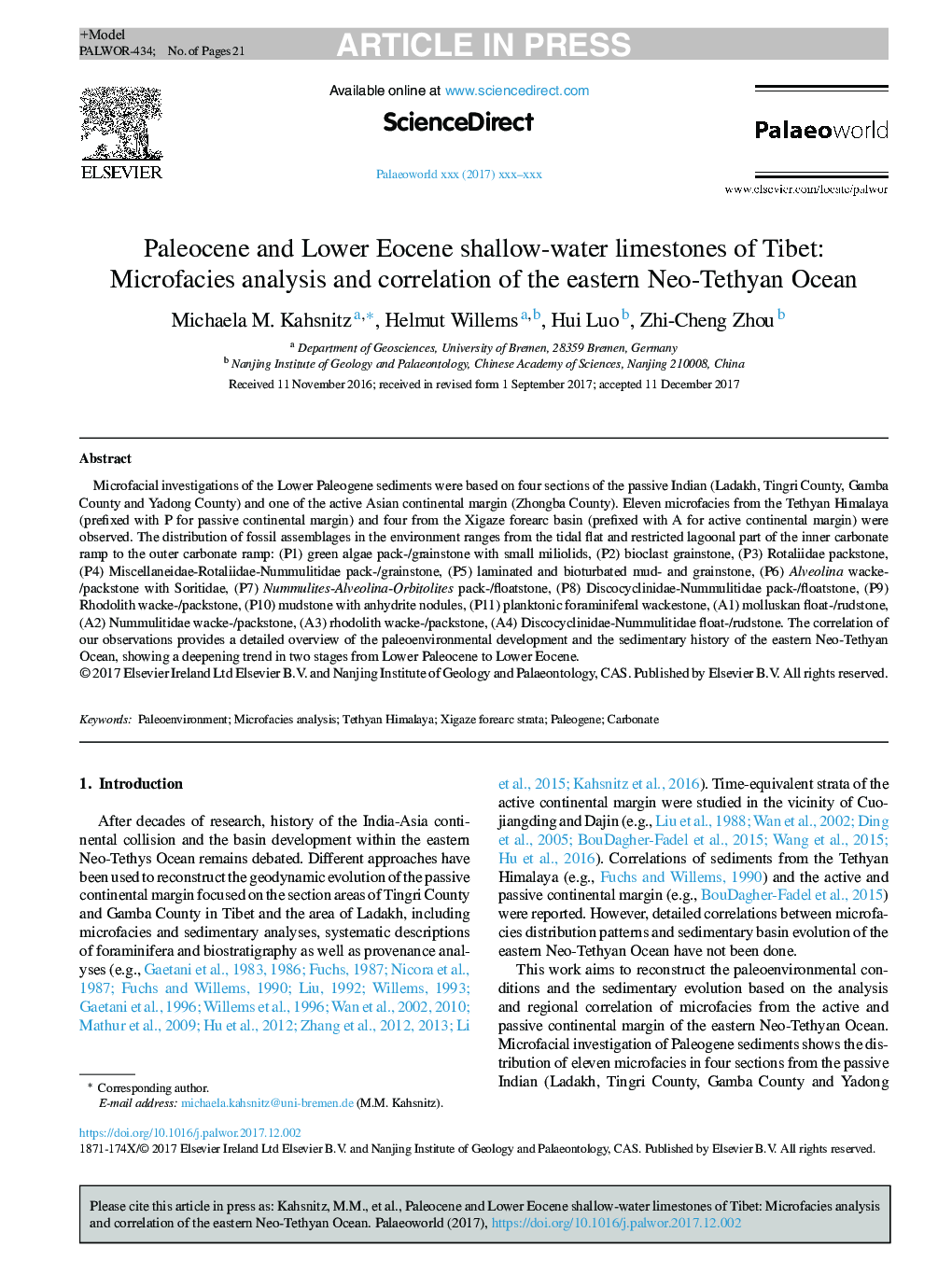 Paleocene and Lower Eocene shallow-water limestones of Tibet: Microfacies analysis and correlation of the eastern Neo-Tethyan Ocean