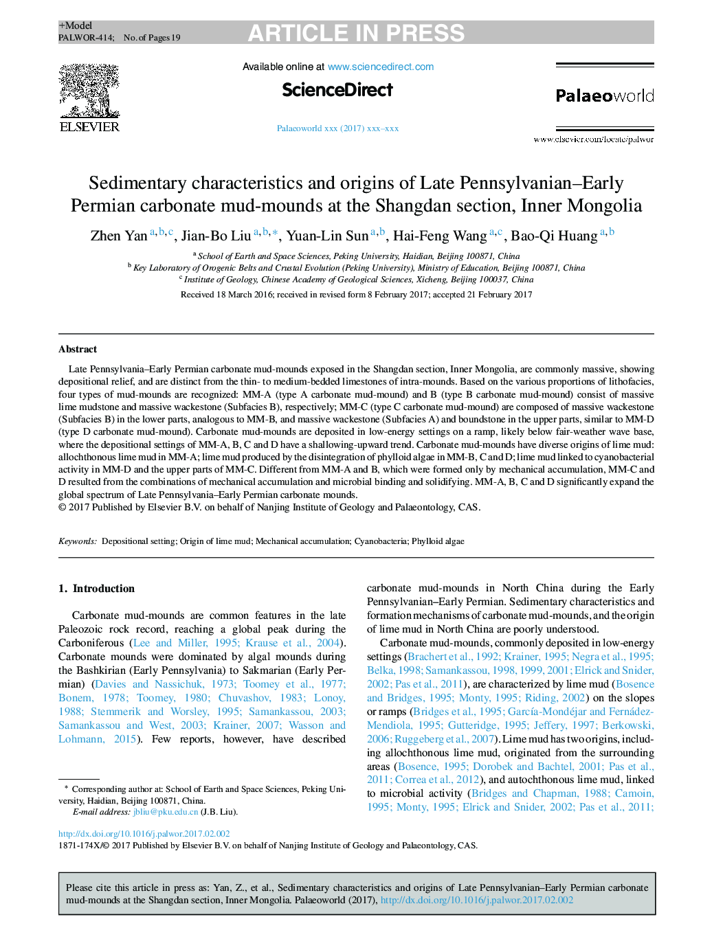 Sedimentary characteristics and origins of Late Pennsylvanian-Early Permian carbonate mud-mounds at the Shangdan section, Inner Mongolia