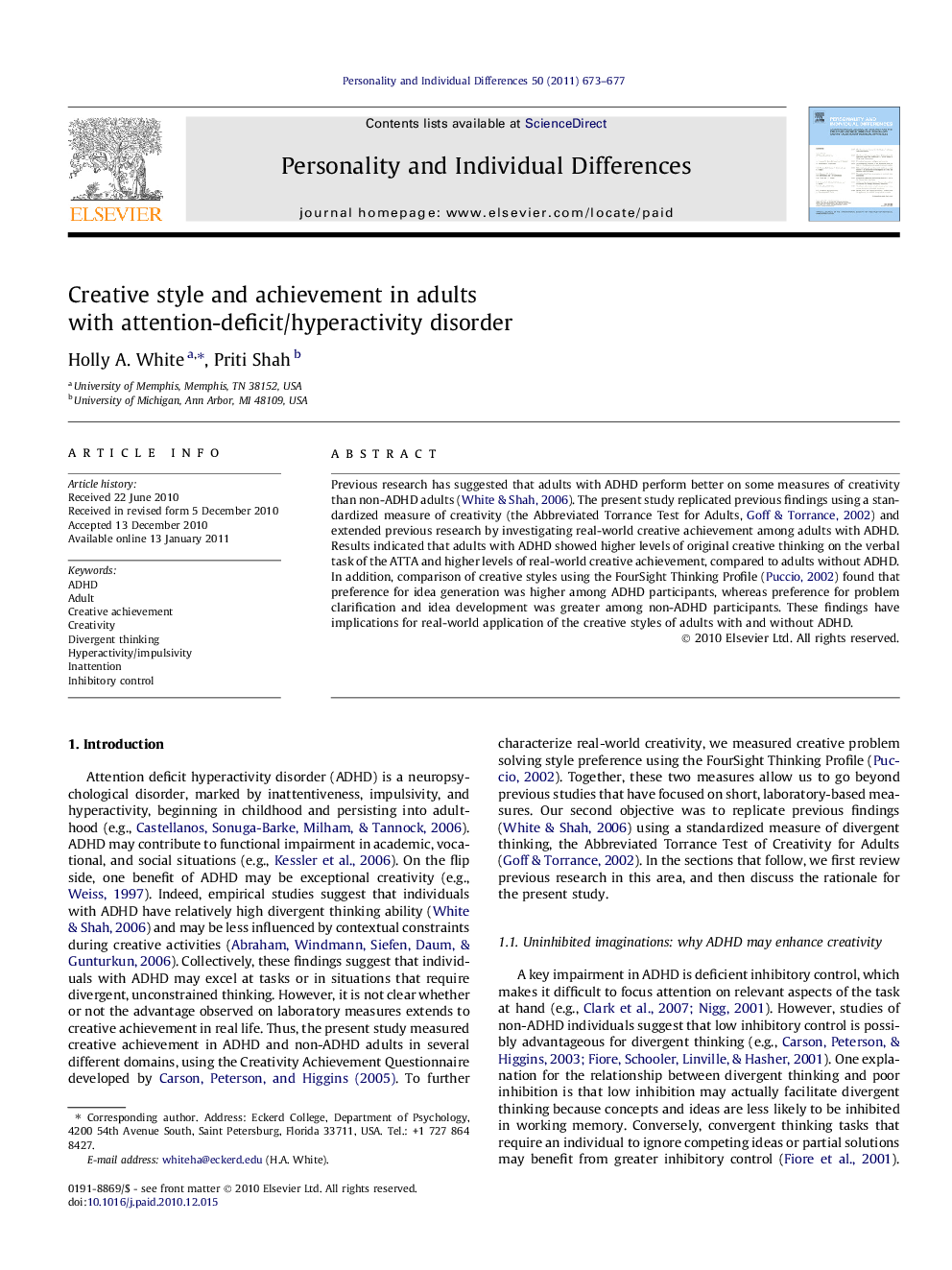 Creative style and achievement in adults with attention-deficit/hyperactivity disorder