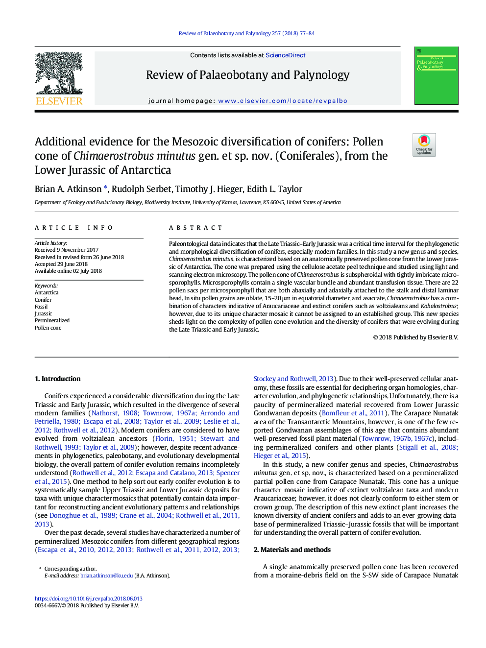 Additional evidence for the Mesozoic diversification of conifers: Pollen cone of Chimaerostrobus minutus gen. et sp. nov. (Coniferales), from the Lower Jurassic of Antarctica